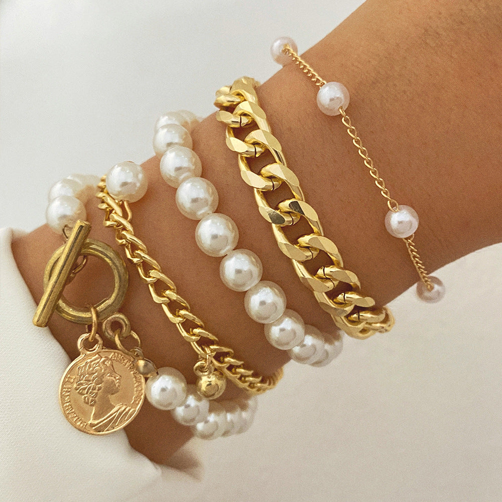 Chain Metal Pearl Chain Bracelet 4-piece Set